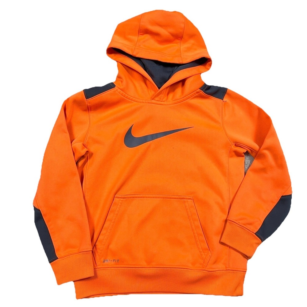 Nike Hoodie Youth Boys Medium Orange Gray Dri Fit Sweatshirt Swoosh Bright